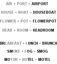 List of compounds and blends, such as air plus port equals airport and smoke plus fog equals smog