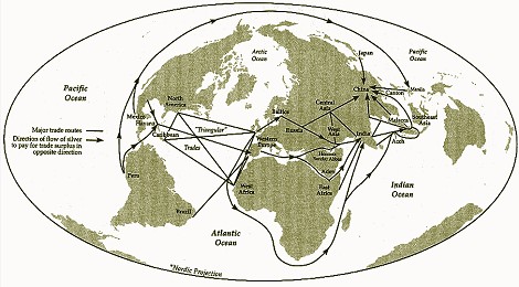 Map of major global trade routes between 1400 and 1800, with arrows showing silver flows