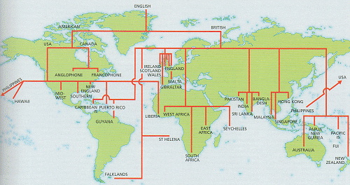 A family tree representation of the spread of the English language around the world